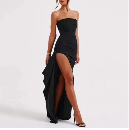 Strapless Asymmetrical High Split Maxi Dress