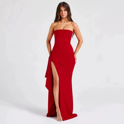 Strapless Asymmetrical High Split Maxi Dress