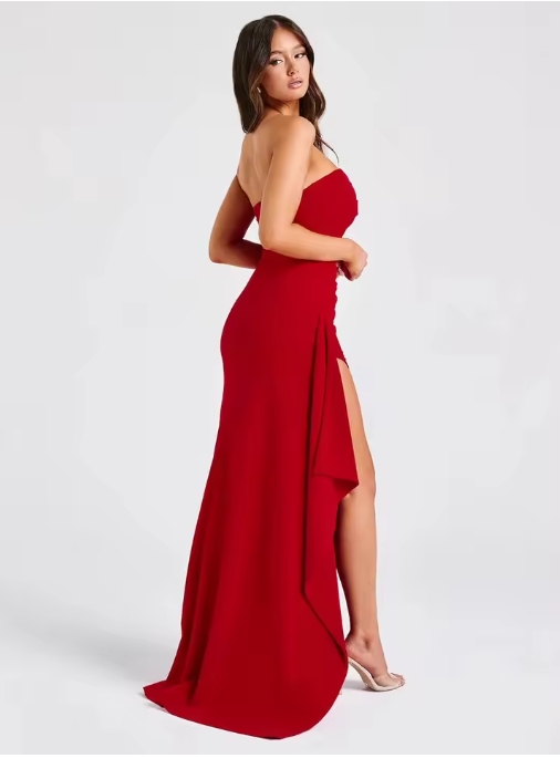 Strapless Asymmetrical High Split Maxi Dress