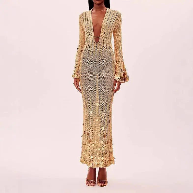 Sequin Belted V-Neck Knit Dress