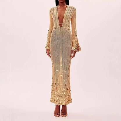 Sequin Belted V-Neck Knit Dress