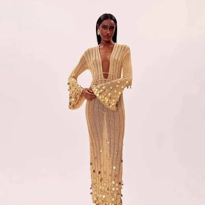 Sequin Belted V-Neck Knit Dress