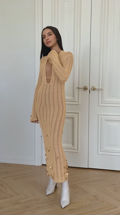 Sequin Belted V-Neck Knit Dress