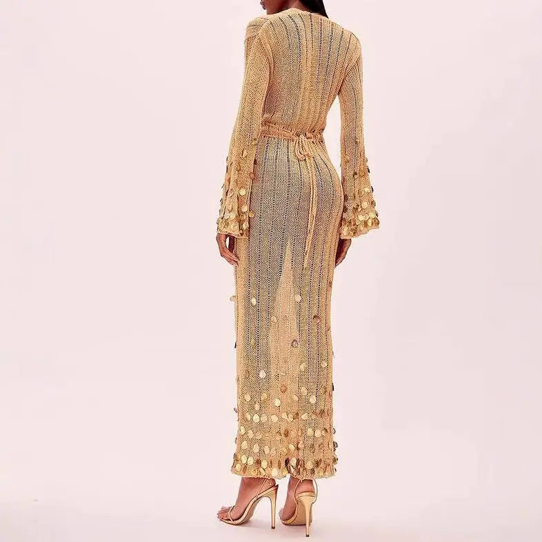 Sequin Belted V-Neck Knit Dress